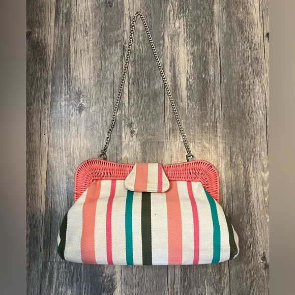 Talbots Handbags - Talbots Striped Wicker and Canvas Bag with Chain Crossbody Strap Summer Bag
